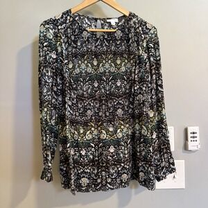 J Jill Top Abstract Paisley Long Sleeve‎ Boho Smocked Blouse Womens Small